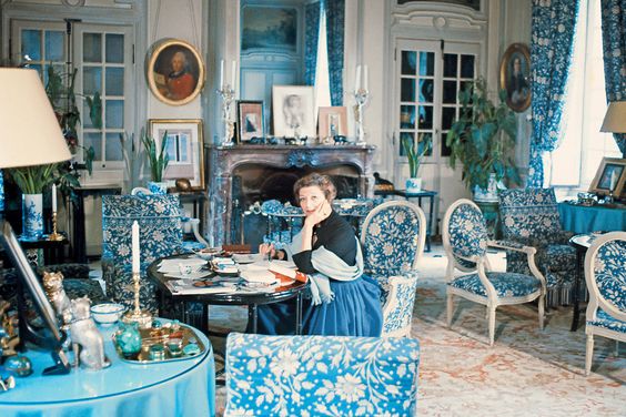 Louise de Vilmorin in her Salon Bleu in Château de Vilmorin at Verrières -le-Buisson, where te fabric got its name. 
