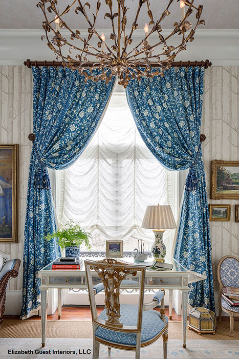 Elizabeth Guest design. Verrieres fabric on window tratment. Blairsden Masion