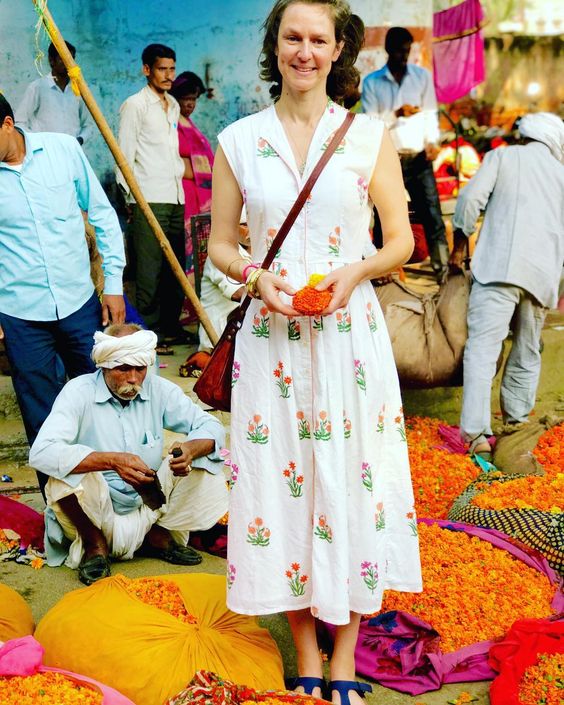 Molly Mahon at the Jaipur flower market wearind Day Dress