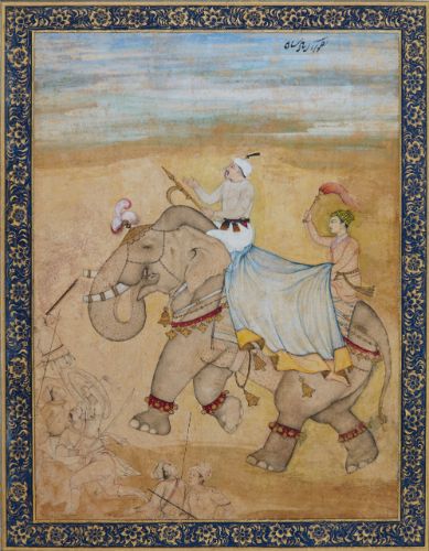 'Emperor Akbar Riding an elephant on a hunting expedition' Mughal, early 17th century