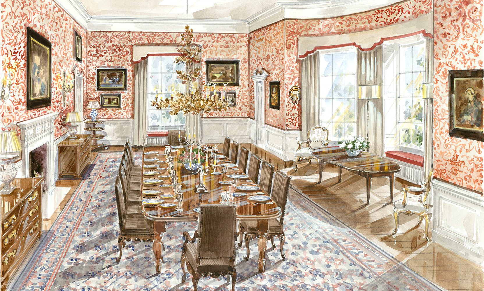 Watercolor of a dining room in Scotland designed by Todhunter Earle