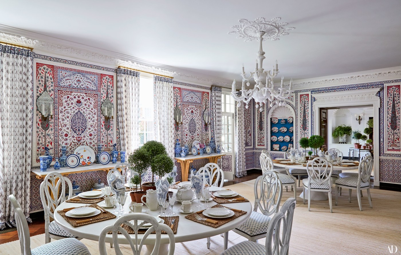 Tory Burch's dining room in her Southampton home. Iksel decorative arts on the walls