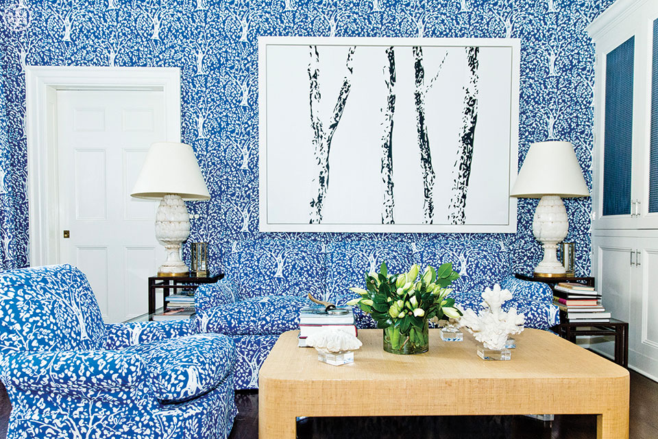 Tory Burch's 'Blue Room' covered in Arbre de Matisse fabric by Quadrille