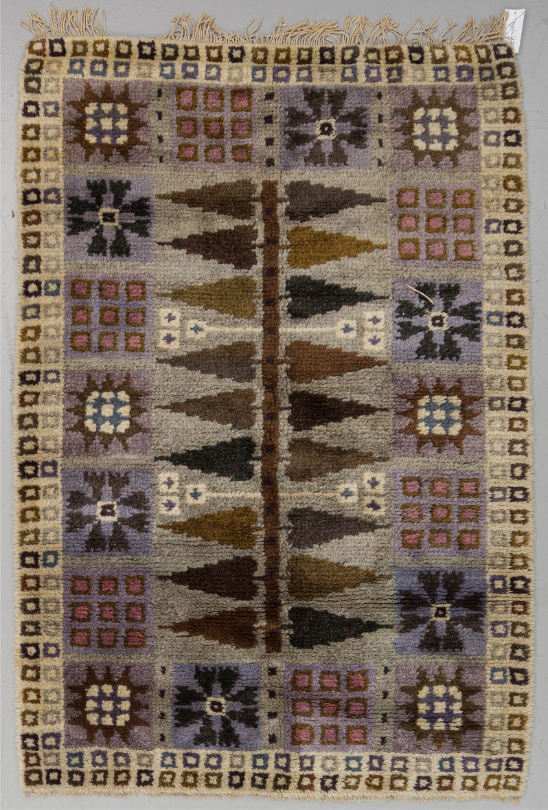 Ingrid Skerfe, Pile Rug, “Glädjens blomster,” (“Joyful flowers”) in lavenders and browns Ingrid Skerfe, Pile Rug, “Glädjens blomster,” (“Joyful flowers”) in lavenders and browns
