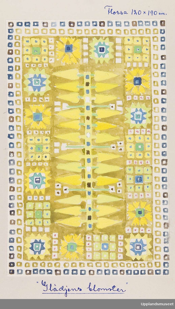 ngrid Skerfe-Nilsson, sketch, pattern for pile rug, “Glädjens blomster,” (“Joyful flowers”), in yellows and blues, size noted as 120 x 190 cm, in a Upplandsmuseet collection of 34 of her sketches, digitaltmuseum.se, numbered UM41241. Noted as being from either 1942, 1947 or 1949-51.