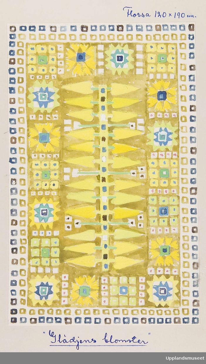 ngrid Skerfe-Nilsson, sketch, pattern for pile rug, “Glädjens blomster,” (“Joyful flowers”), in yellows and blues, size noted as 120 x 190 cm, in a Upplandsmuseet collection of 34 of her sketches, digitaltmuseum.se, numbered UM41241. Noted as being from either 1942, 1947 or 1949-51. ngrid Skerfe-Nilsson, sketch, pattern for pile rug, “Glädjens blomster,” (“Joyful flowers”), in yellows and blues, size noted as 120 x 190 cm, in a Upplandsmuseet collection of 34 of her sketches, digitaltmuseum.se, numbered UM41241. Noted as being from either 1942, 1947 or 1949-51.