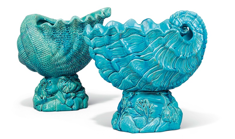 A pair of Bermantofts faience turquoise-glazed shell jardinières, late 19th century