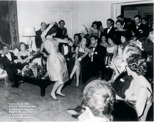 Cayetana, Duchess of Alba, dancing flamenco at Countess of Romanones's Madrid residence. Aline was hosting a party for her friend Wallis,  Duchess of Windsor.