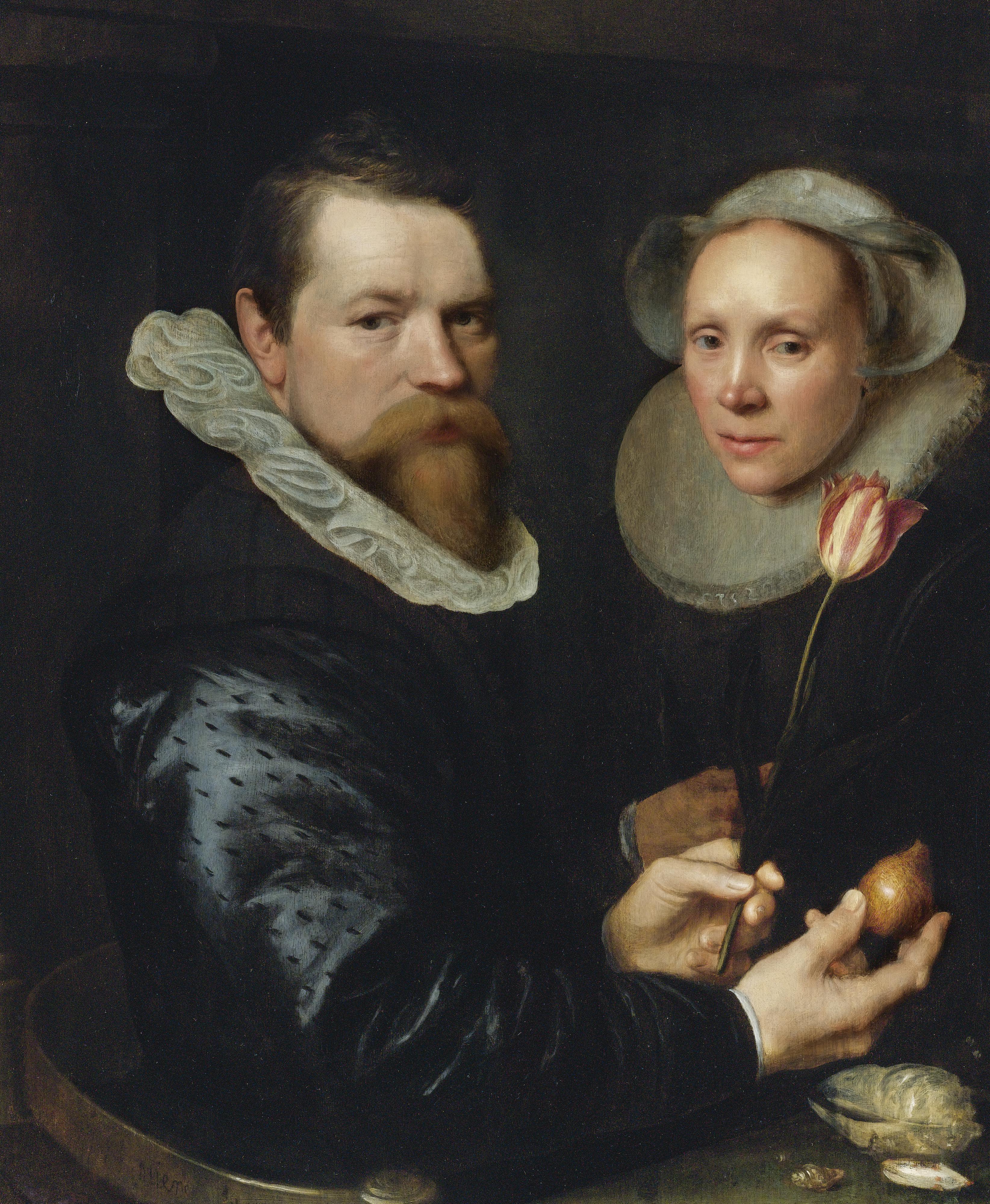 Double Portrait of a Husband and Wife with Tulip, Bulb, and Shells oil on panel painting by Michiel Jansz van Mierevelt, 1609  Sotheby's