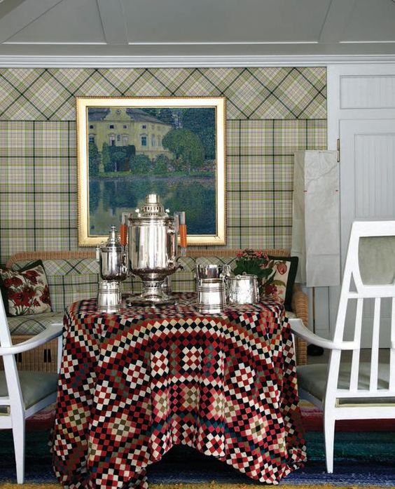 Marella Agnelli's  Chesa Alycon, in St. Moritz. Dining room with Gustav Klimt's Schloss Kammer Am Attersee (1910) and unvarnished wood chairs from the Werner Werkstatte. Design by Renzo Mongiardino. Photo by Oberto Gili