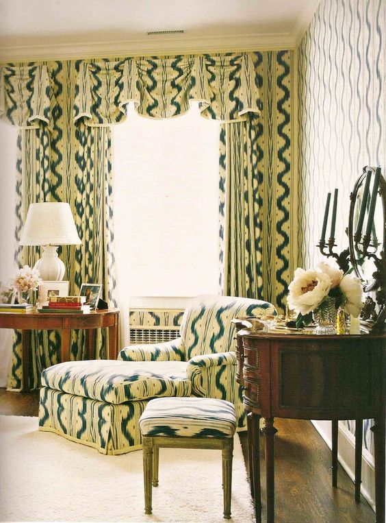 estee lauder palm beach home by mark hampton curtains and chair in toile de nantes