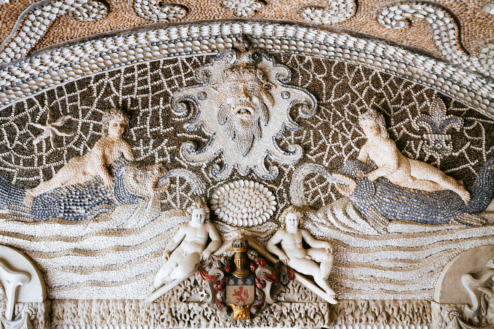 The ornate ceiling of Woburn Abbey's shell grotto