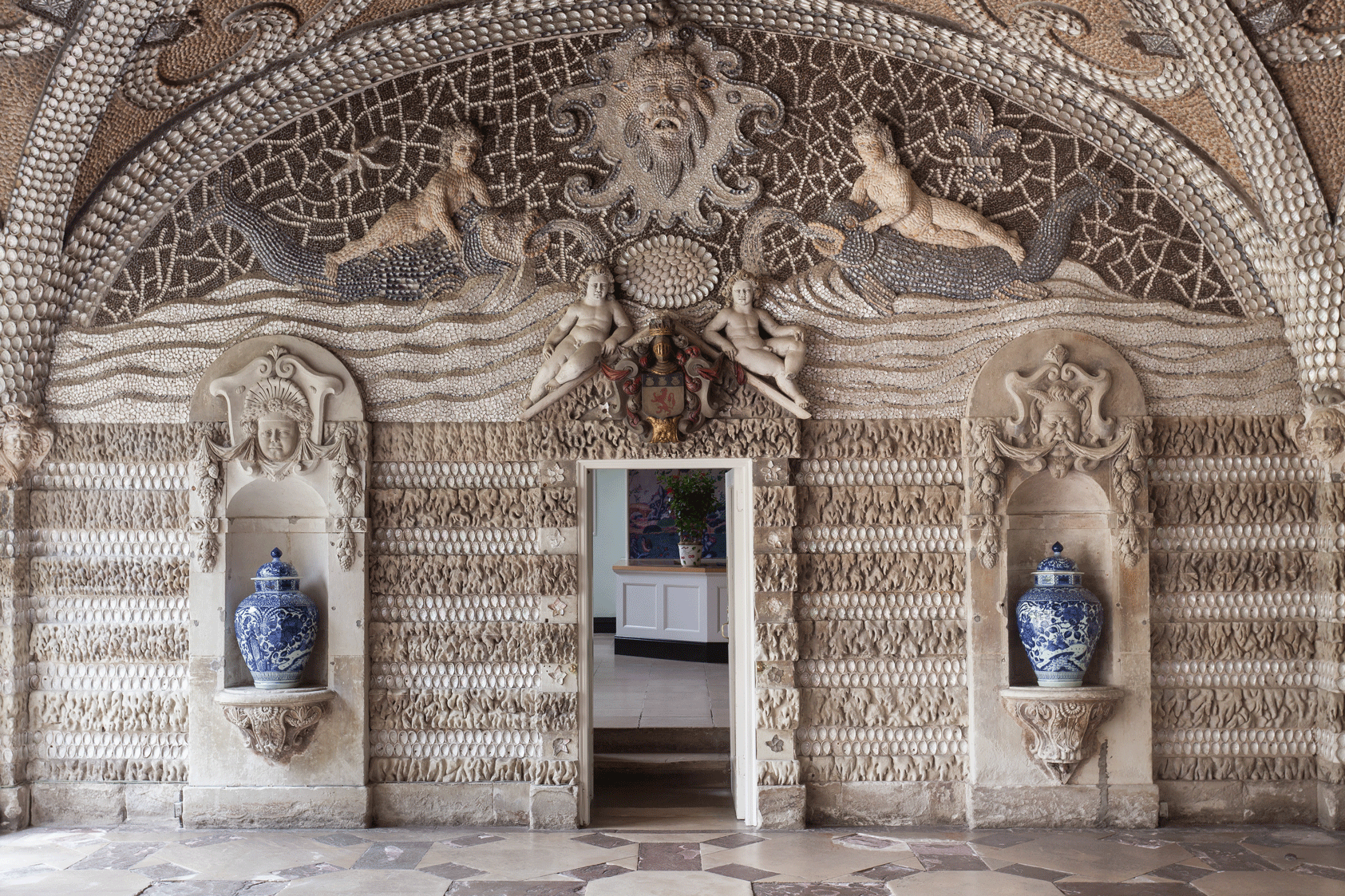 The ornate ceiling of Woburn Abbey's shell grotto